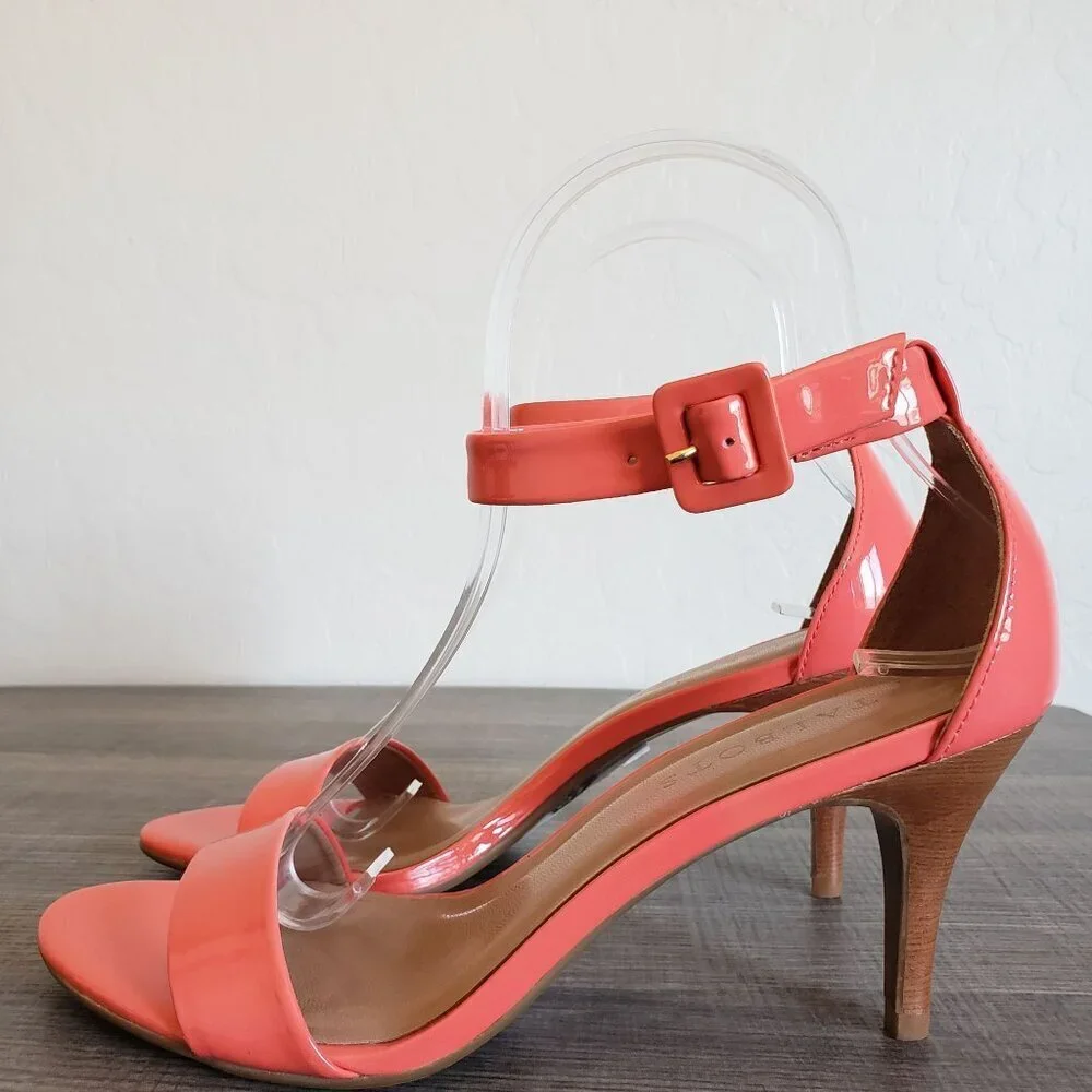 Talbots Lakia Patent Leather Ankle Strap Heels Sandal Open Toe Coral Sz Womens 7